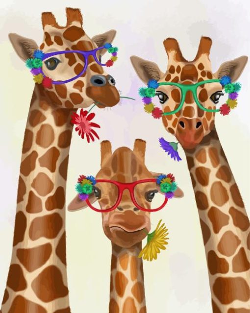 Giraffes With Flowers And Glasses Diamond Painting