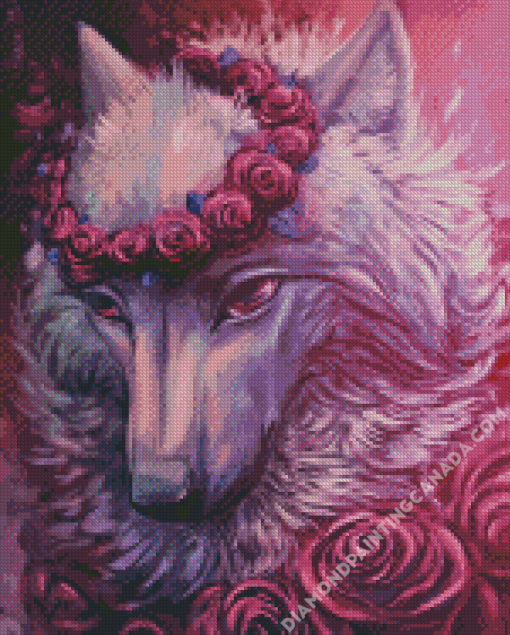 Wolf With Pink Roses Diamond Painting