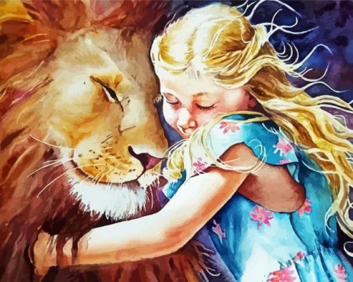 Blond Girl Hugging Lion Art Diamond Painting