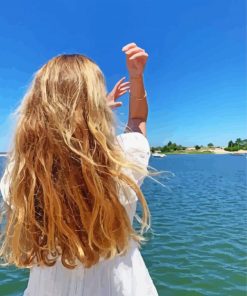 Blonde Long Hair Lady In White Dress Diamond Painting