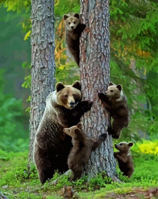 Mama Bear And Babies Animals Diamond Painting