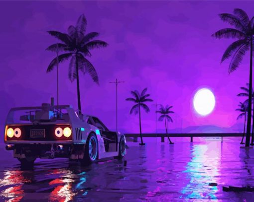 Palm Trees With Car At Night Diamond Painting