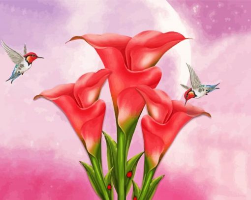 Pink Calla Lily And Hummingbirds Diamond Painting