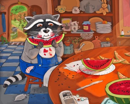 Raccoon Eating Watermelon Diamond Painting