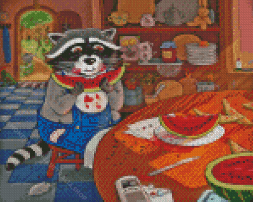 Raccoon Eating Watermelon Diamond Painting