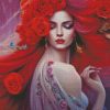 Red Roses Woman Diamond Painting