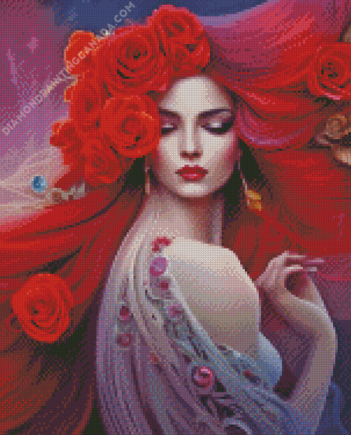 Red Roses Woman Diamond Painting