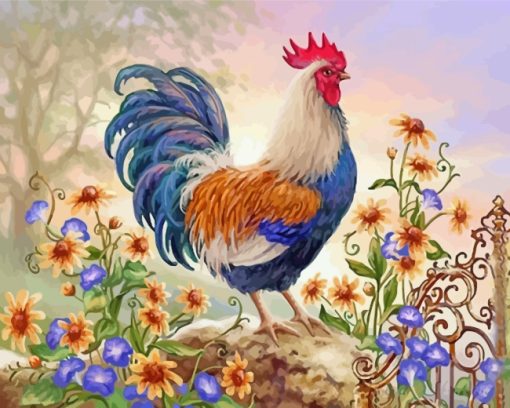 Rooster And Flowers Diamond Painting