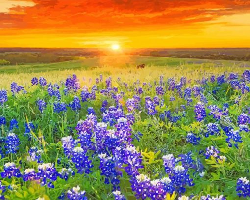 Texas Bluebonnets Sunset Landscape Diamond Painting