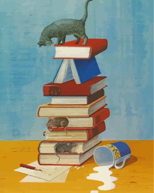 Books With Mice And Cat Diamond Painting