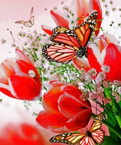 Butterfly On Red Tulips Diamond Painting