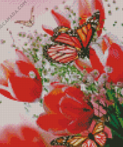 Butterfly On Red Tulips Diamond Painting