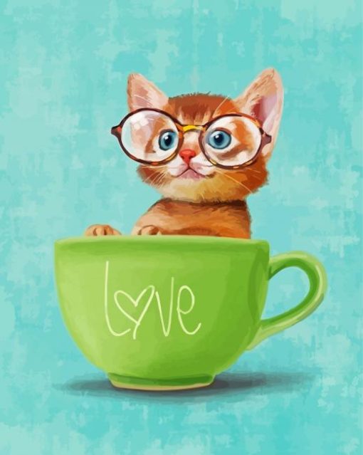 Kitten With Glasses In Cup Diamond Painting