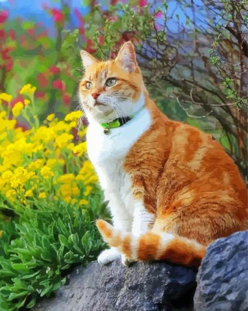 Orange Cat In Garden Diamond Painting