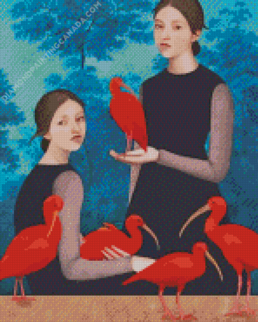 Twins And Red Ibis Birds Diamond Painting