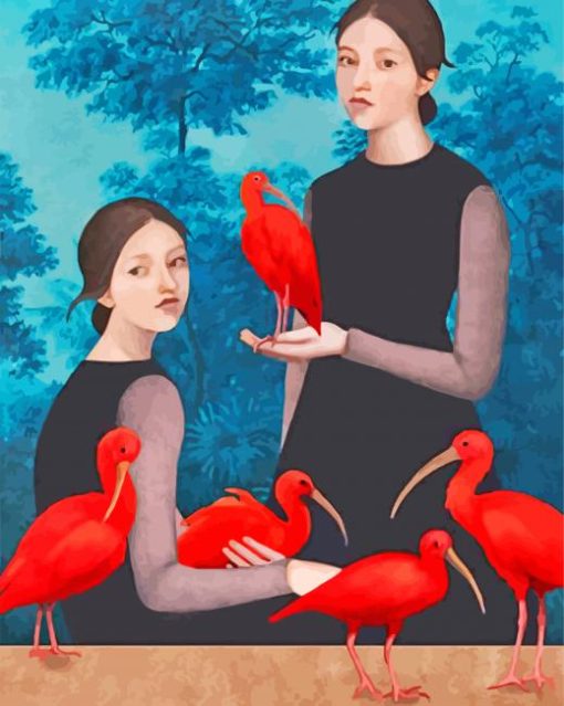 Twins And Red Ibis Birds Diamond Painting