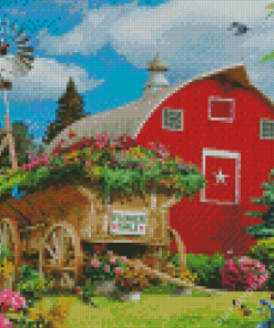 Countryside Flowers And Barn Diamond Painting