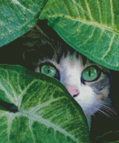 Cute Cat Behind Leaves Diamond Painting