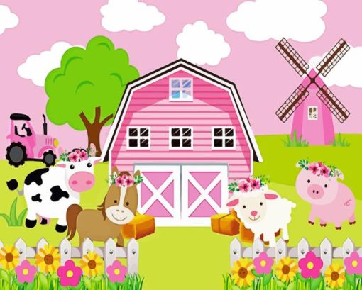 Pink Farm With Animals Diamond Painting