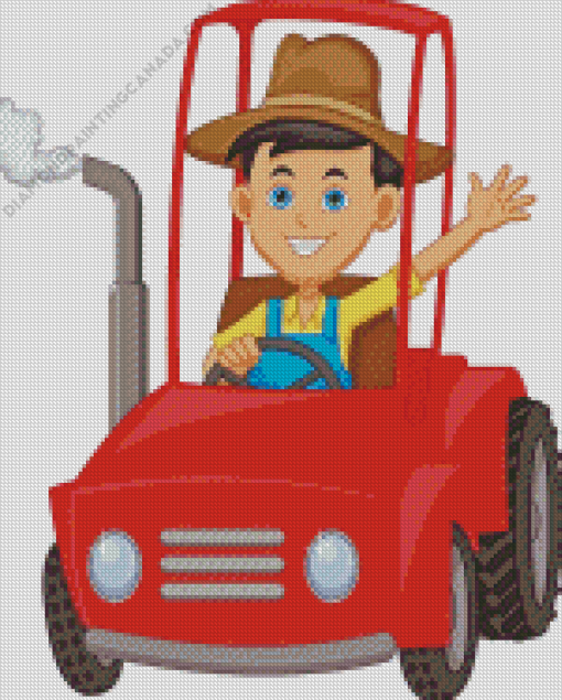 Boy On Tractor Cartoon Art Diamond Painting