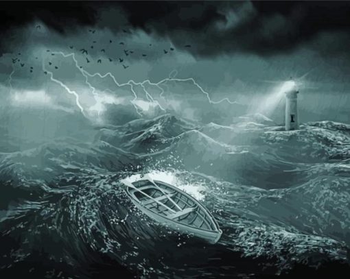 Lighthouse storm at sea Diamond With Numbers